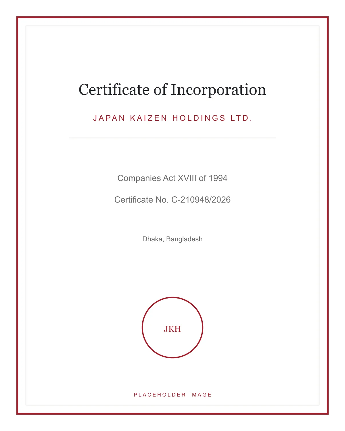 Certificate of Incorporation placeholder for Japan Kaizen Holdings Ltd.